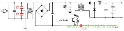 車(chē)載充電器電源電路例 (C1: AC線路濾波器用Y電容器、C2: 初級(jí)-次級(jí)耦合用電容器) 