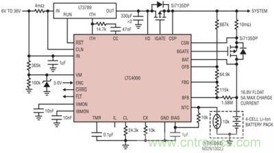 LTC4000 和 LTC3789：6V 至 36VIN、4 節(jié) 5A 鋰離子電池充電器