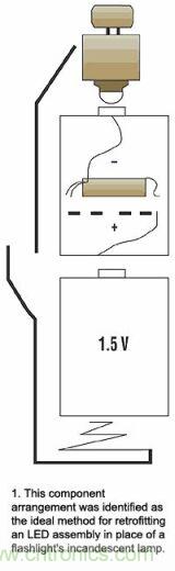 增壓電路在有兩節(jié)電池的手電筒中將代替的一節(jié)電池，LED裝置則代替白熾燈