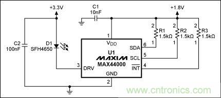 圖2：MAX44000典型電路，帶有發(fā)射器旁路