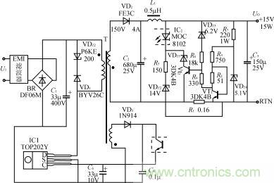 15W恒功率型開(kāi)關(guān)電源的電路