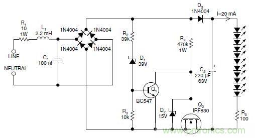 圖2：斬波工作類似圖1中的電路，但以較大的LED串聯(lián)電阻代替了恒流源，提供限流功能