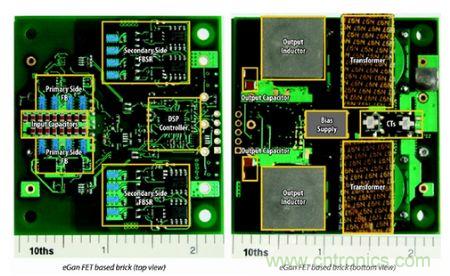圖6：采用eGaN FET設計的48V至53V半磚PSE轉(zhuǎn)換器的頂視圖和底視圖(單位為英寸)。