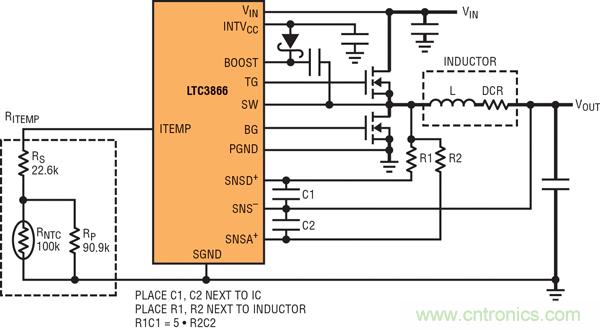 圖 1：具超低電感器 DCR 的 LTC3866 電流采樣電路。大電流通路用粗線顯示