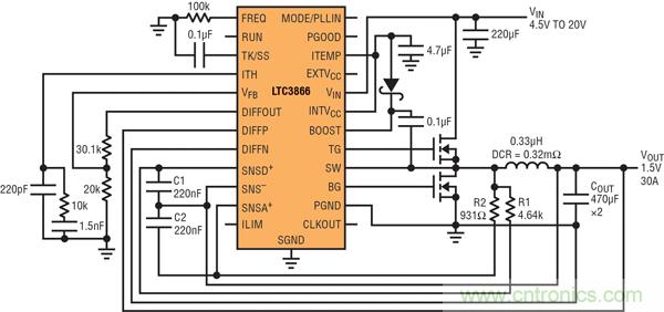 圖2：以非常低的DCR完成采樣的高效率、1.5V/30A降壓型轉換器