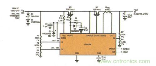 圖2：具反向電流保護(hù)功能的浪涌抑制器可在 VIN上承受 200V/-24V 瞬態(tài)電壓