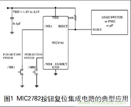 圖1 MIC2782按鈕復位集成電路的典型應用