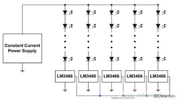 采用LM3466實現(xiàn)多串LED照明配置原理圖