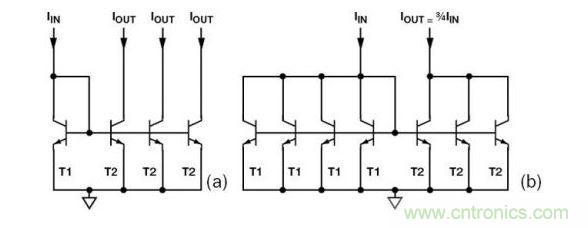 （a） 多級電流鏡 （b） 非整數(shù)比例電流鏡可將3個T2集電極結(jié)合起來，得到3IIN