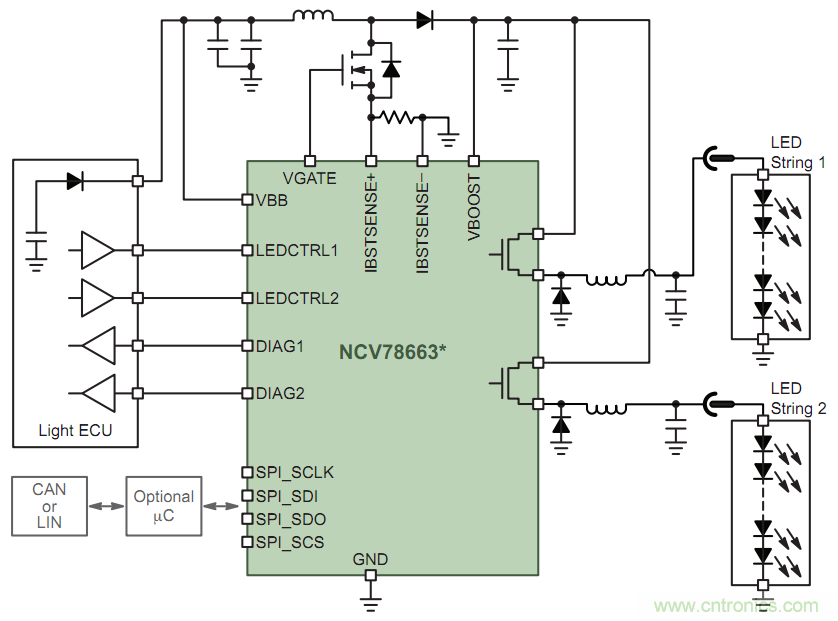 安森美半導體單芯片智能前照燈LED驅動器NCV78663應用電路圖