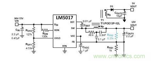 基于 LM5017 的 Fly-Buck 轉(zhuǎn)換器電路，沒有基于光耦合器的穩(wěn)壓電路