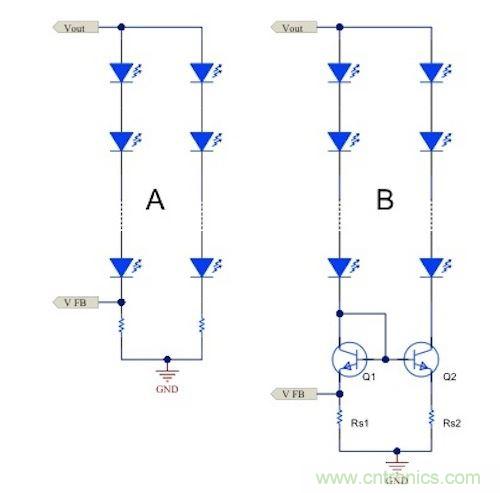 電流鏡 (B) 可針對簡單電阻器電流調(diào)節(jié) (A) 提供各種優(yōu)勢。