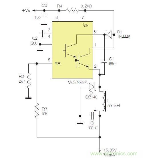 采用降壓配置中廣為使用的MC33063/MC34063的一個示例。