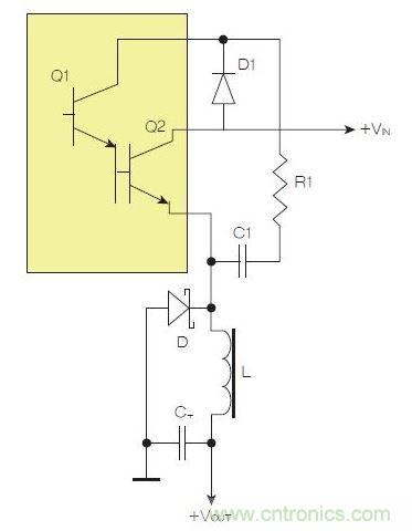 為了實現(xiàn)用兩個元器件提升電源轉(zhuǎn)換效率，芯片上應有針對驅(qū)動器晶體管Q1集電極的單獨引腳。