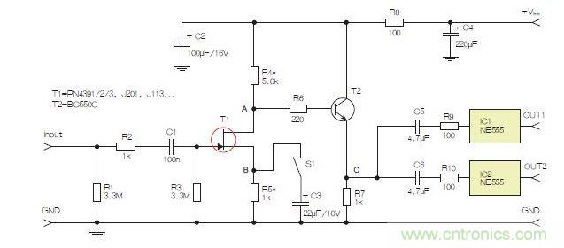 所示電路采用兩個(gè)工作在不同頻率下的555定時(shí)器，以獲取不同的音