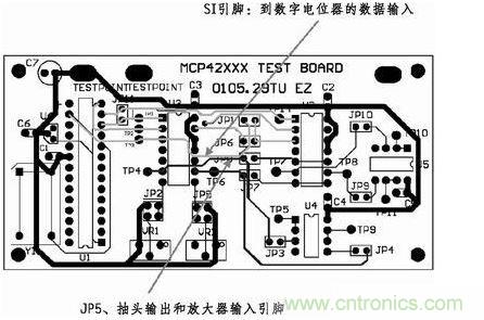 這是對圖2所示電路的第一次布線嘗試。此配置在模擬線路上產(chǎn)生不規(guī)律的噪聲，這是因為在特定數(shù)字走線上的數(shù)據(jù)輸入碼隨著數(shù)字電位器的編程需求而改變。