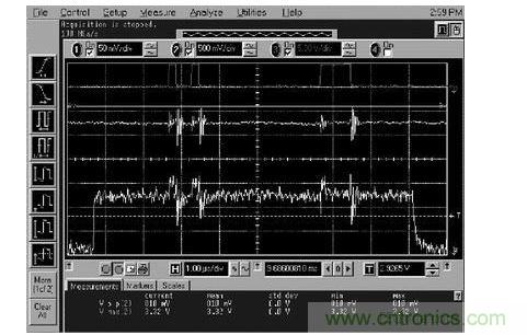 在此示波器照片中，最上面的波形取自JP1(到數(shù)字電位器的數(shù)字碼)，第二個波形取自JP5(相鄰模擬走線上的噪聲)，最下面的波形取自TP10(16位D/A轉(zhuǎn)換器輸出端的噪聲)。