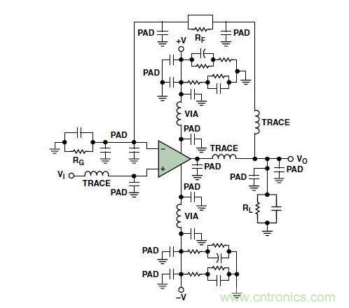 典型的運(yùn)算放大器電路，(a)原設(shè)計(jì)圖，(b)考慮寄生效應(yīng)后的圖