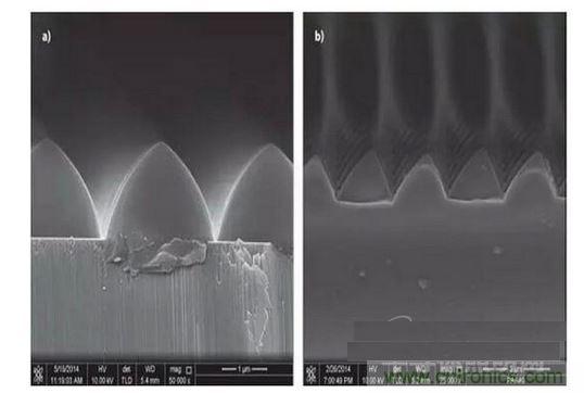 圖案化藍(lán)寶石基板通過(guò)光致抗蝕劑掩膜在電感耦合等離子體干法反應(yīng)性腐蝕保持良好剛性結(jié)構(gòu)（如圖a）,然而，如果光致抗蝕劑掩膜的剛性結(jié)構(gòu)在抗蝕過(guò)程中沒(méi)有得到保持，那么結(jié)果會(huì)很差（如圖b）