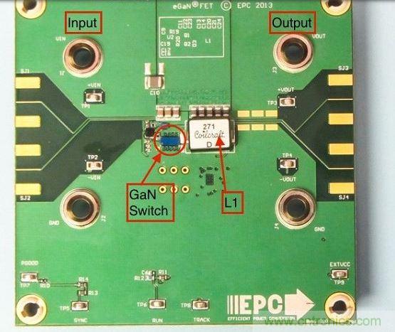 演示板用于顯示GaN的EMI。該GaN組件被圈定，我會(huì)在L1左側(cè)測(cè)量切換的波形。