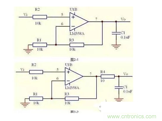 2、不要在運(yùn)放輸出直接并接電容