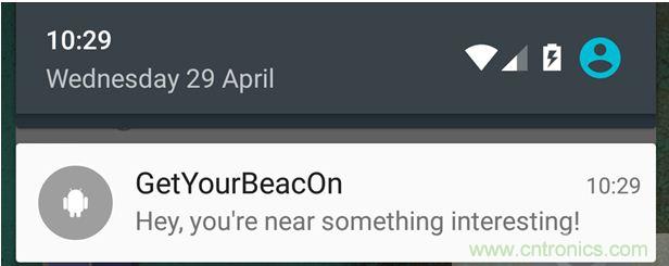 圖10 – 安卓系統(tǒng)通知，提示附近發(fā)現(xiàn)Beacon