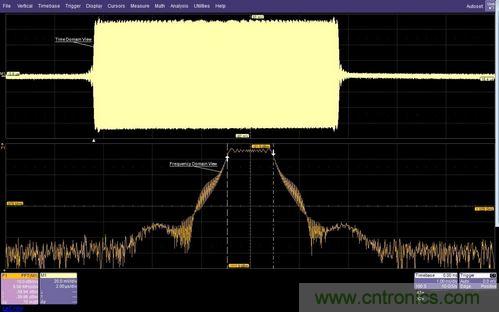 面的時域圖顯示了脈沖調(diào)制的射頻載波，下方的頻域圖顯示了在997MHz和1002MHz之間均勻分布的載頻