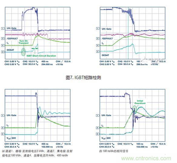 過流關(guān)斷時(shí)序延遲（通道1：柵極-發(fā)射極電壓10 V/div；通道2：來自 控制器的PWM信號(hào)5 V/div；通道3：低電平有效跳變信號(hào)5 V/div；100 ns/div）