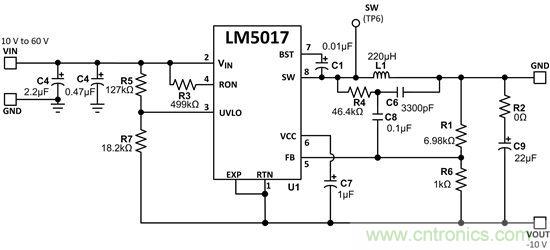 基于LM5017的反相升降壓電路支持負(fù)電源