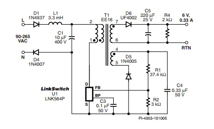 LinkSwitch-LP 系列旨在取代手機(jī)/無繩電話、PDA、數(shù)碼相機(jī)和便攜式音頻播放器等應(yīng)用中輸出功率 < 2.5 W 的低效線頻線性變壓器電源。LinkSwitch-LP 還可用作白色家電等應(yīng)用中的輔助電源。  LinkSwitch-LP 將高壓功率 MOSFET 開關(guān)與 ON/OFF 控制器集成在一個設(shè)備中。它完全由漏極引腳自供電，具有低 EMI 的抖動開關(guān)頻率，并且具有全面的故障保護(hù)。自動重啟可限制過載和輸出短路條件下的器件和電路耗散，而遲滯過溫保護(hù)會在熱故障期間禁用內(nèi)部 MOSFET。EcoSmart 技術(shù)使設(shè)計能夠輕松實現(xiàn) < 150 mW 的空載功耗，滿足能源效率要求。  LinkSwitch-LP 的設(shè)計目的是在輸出功率低于 2.5 W 時無需初級側(cè)鉗位電路，從而顯著減少組件數(shù)量和總系統(tǒng)成本。圖 1 顯示了基于 LinkSwitch-LP 的 2 W 電源，不帶初級側(cè)鉗位。LinkSwitch-LP 系列經(jīng)過優(yōu)化，當(dāng)變壓器上的輔助或偏置繞組提供反饋時，可提供近似的 CV/CC 輸出特性。這非常適合取代工頻變壓器的應(yīng)用，提供兼容的輸出特性，但過載、短路電流和輸入線電壓變化較小。  　  在無鉗位設(shè)計中使用 LinkSwitch-LP 的基本電路原理圖。  快速開始  　 LinkSwitch-LP 反激式設(shè)計流程圖